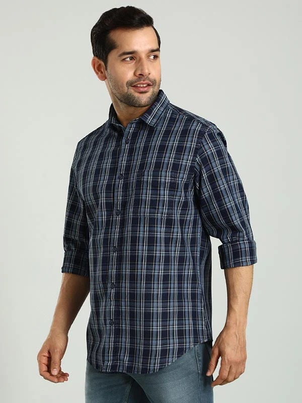 Indian Terrain Men's Regular Fit Full Sleeve Checkered Dark Blue Shirt